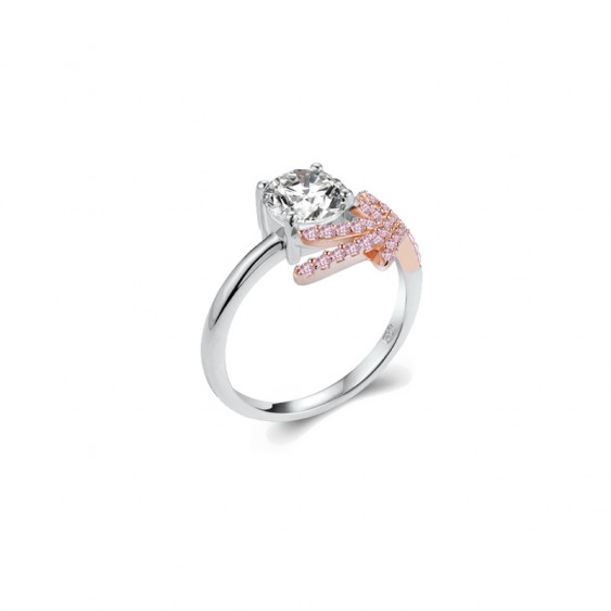 Elsa Lee Paris silver ring from the Fantasy Garden collection, clear Zirconia with branch shaped covered in pink Cubic Zirconia