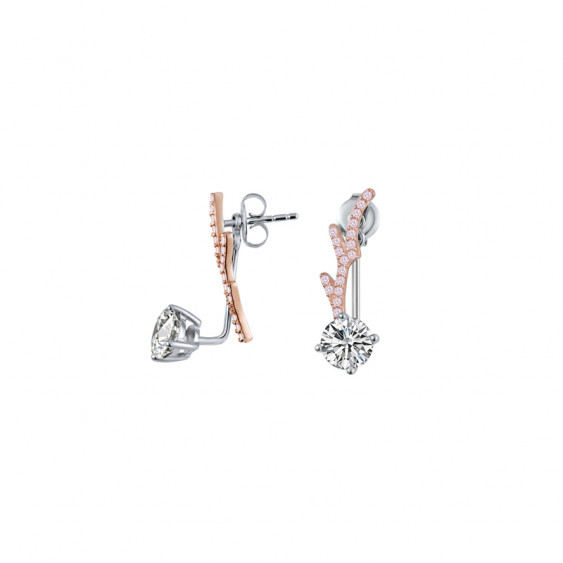 Boucles d'oreilles pendantes Elsa Lee Fantasy Garden, un oxyde de Zirconium et une branche dorée rose avec oxydes roses