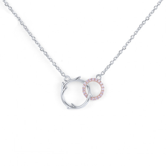 Elsa Lee Paris silver necklace from our Fantasy Garden collection, two branch shaped circles covered with pink Cubic Zirconia