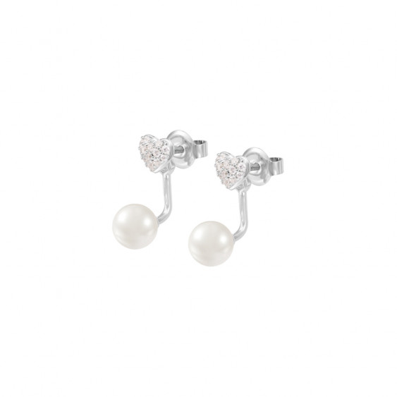 Boucles d'oreilles Be my Valentine, en argent Elsa Lee motifs coeurs pavés d'oxydes de Zirconium et perles blanches