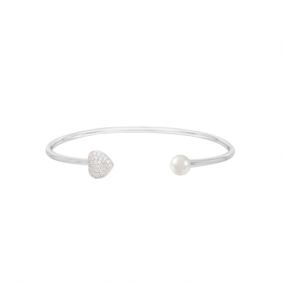 Bracelet jonc Be my Valentine Elsa Lee, en argent motif coeur pavé d'oxydes de Zirconium et perle blanche