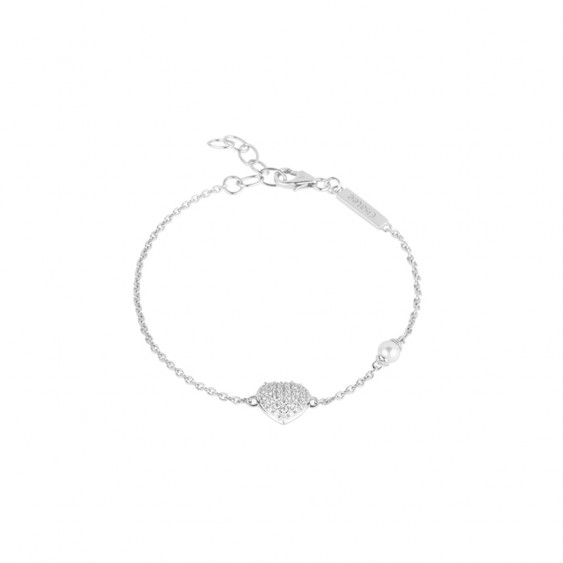 Be my Valentine bracelet from Elsa Lee Paris, silver chain with heart shape incrusted in Cubic Zirconia and white pearl