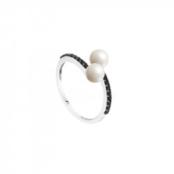 Bague en argent 925, avec deux perles blanches et pierres noirs sur chaque branche