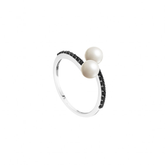 Bague en argent 925, avec deux perles blanches et pierres noirs sur chaque branche