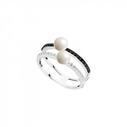 Bague en argent, monture double avec deux perles blanches et pierres noirs et blanche