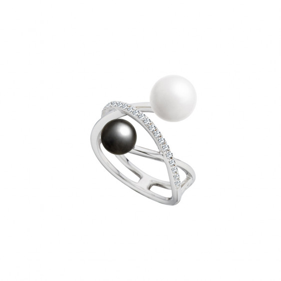 Elsa Lee Paris sterling silver ring, black and white collection, with Cubic Zirconia, grey and white pearls