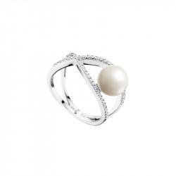 Bague en argent 925 Elsa Lee Paris, branches croisées pavées d'oxydes de Zirconium, perle blanche de 8mm sur le côté 