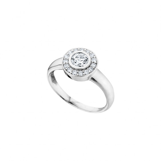 Elsa Lee Paris sterling silver ring, with one clear Cubic Zirconia centerpiece surrounded by smaller Cubic Zirconia