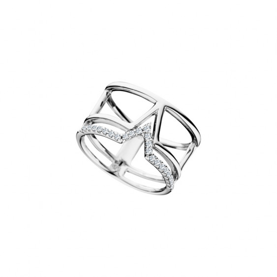 Elsa Lee Paris sterling silver wide ring, triangle pattern and clear Cubic Zirconia