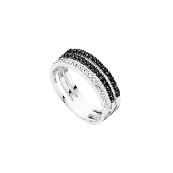 Bague Elsa Lee Paris en Argent 925 - motif 3 rangs pavés d'oxydes de Zirconium blancs et noirs