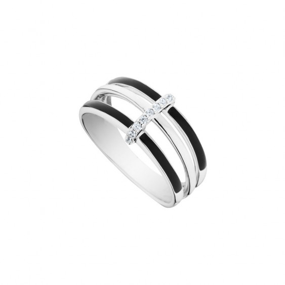 Elsa Lee Paris sterling silver ring with two lines of black enamel and one with Cubic Zirconia