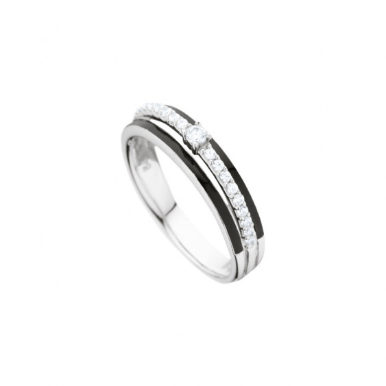 Elsa Lee Paris sterling silver ring, 3 lines with a middle covered in Cubic Zirconia and centerpiece and black enamel