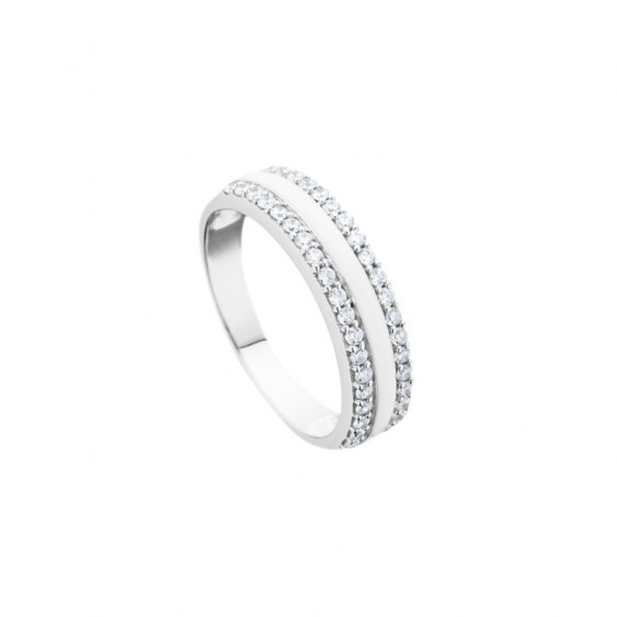 Elsa Lee Paris sterling silver ring with 3 lines, the middle one with white enamel and the other two with Cubic Zirconia