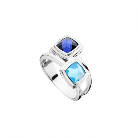 Elsa Lee Paris sterling silver ring with two stones, tanzanite and blue colors