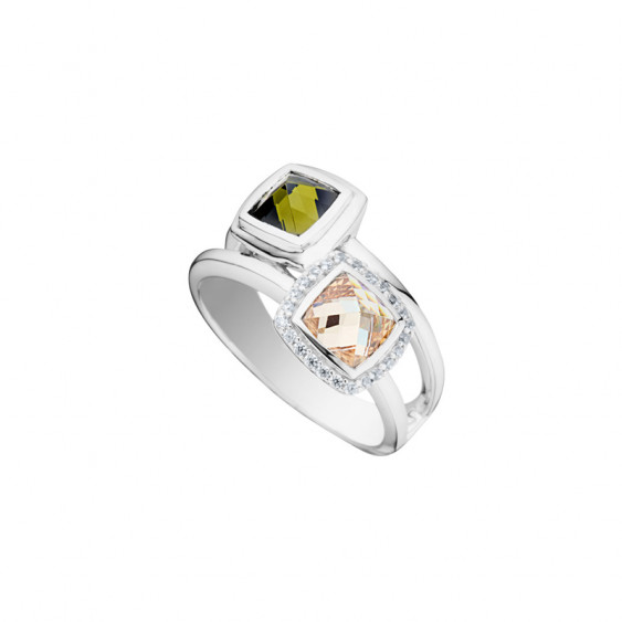 Green and Orange square ring in silver by Elsa Lee 
