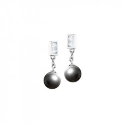 Elsa Lee Paris sterling silver dangling earrings with two grey pearls and 4 close set Cubic Zirconia