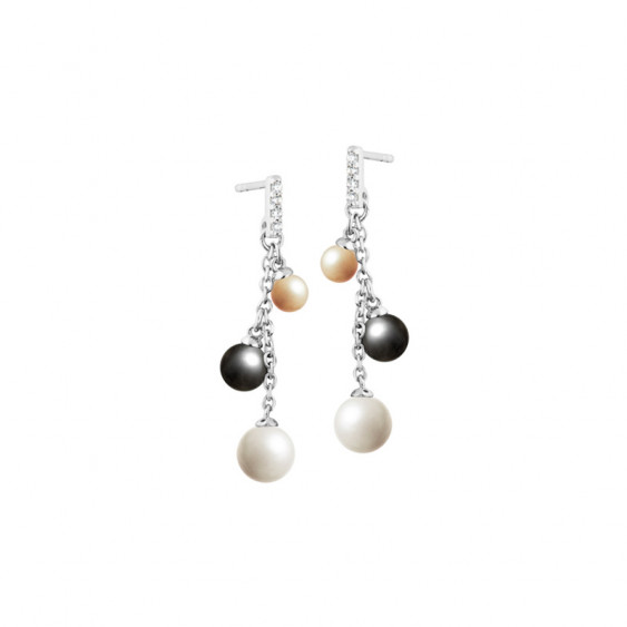 Elsa Lee Paris dangling sterling silver earrings with grey, white and gold pearls and Cubic Zirconia