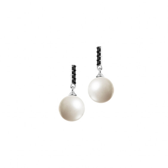 Boucles d'oreilles pendantes Elsa Lee Paris, en argent massif avec oxydes de Zirconium noirs et perles blanches