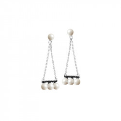 Boucles d'oreilles Elsa Lee Paris, en argent massif, forme triangle avec perles blanches et oxydes de Zirconium noirs