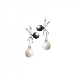 Boucles d'oreilles Elsa Lee Paris, en argent 925, forme croix, avec une perle grise et une perle blanche et oxydes de Zirconium