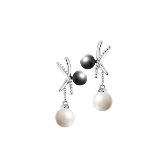 Boucles d'oreilles Elsa Lee Paris, en argent 925, forme croix, avec une perle grise et une perle blanche et oxydes de Zirconium