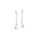 Silver drop earrings with its dangling white pearls and silver chain by Elsa Lee Paris 