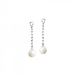 Silver drop earrings with its dangling white pearls and silver chain by Elsa Lee Paris 