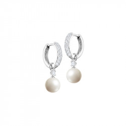 Elsa Lee Paris sterling silver hoop earrings covered with Cubic Zirconia, with two white pearls and two Cubic Zirconia