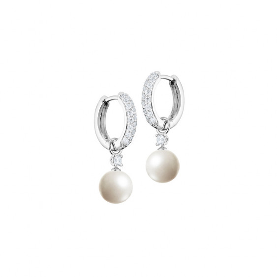 Elsa Lee Paris sterling silver hoop earrings covered with Cubic Zirconia, with two white pearls and two Cubic Zirconia