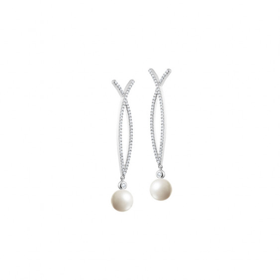 White pearl dangling earrings in silver by Elsa Lee Paris - Silver drop white pearl earrings