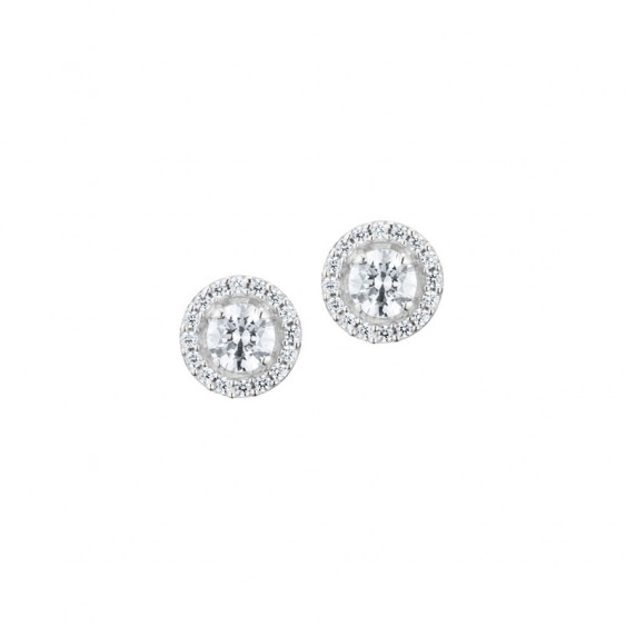 Elsa Lee Paris sterling silver studs earrings with two claws set diamond cut Cubic Zirconia surrounded by their crowns of Zircon