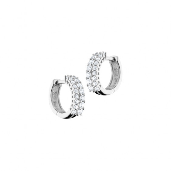 Elsa Lee Paris sterling silver earrings, hoop earrings covered by two lines of diamond cut clear Cubic Zirconia