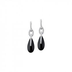 Boucles d'oreilles pendantes Elsa Lee Paris, branches pavées d'oxydes de Zirconium et pendant forme goutte d'eau en émail noir