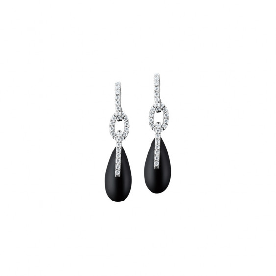 Boucles d'oreilles pendantes Elsa Lee Paris, branches pavées d'oxydes de Zirconium et pendant forme goutte d'eau en émail noir