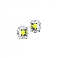 Elsa Lee Paris fine 925 sterling silver earrings with 2 close set green Cubic Zirconia surrounded by 48 clear Cubic Zirconia
