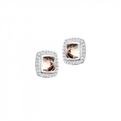 Boucles d'oreilles puces Elsa Lee Paris, en argent massif, deux oxydes de Zirconium champagne entourés d'un pavage de brillants