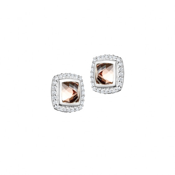 Elsa Lee Paris fine 925 sterling silver earrings with 2 close set champagne Cubic Zirconia surrounded by 48 clear Cubic Zirconia