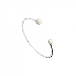Bangle Elsa Lee Paris, collection perles, bracelet rigide ouvert avec deux perles blanches aux extrémités des branches et Zircon