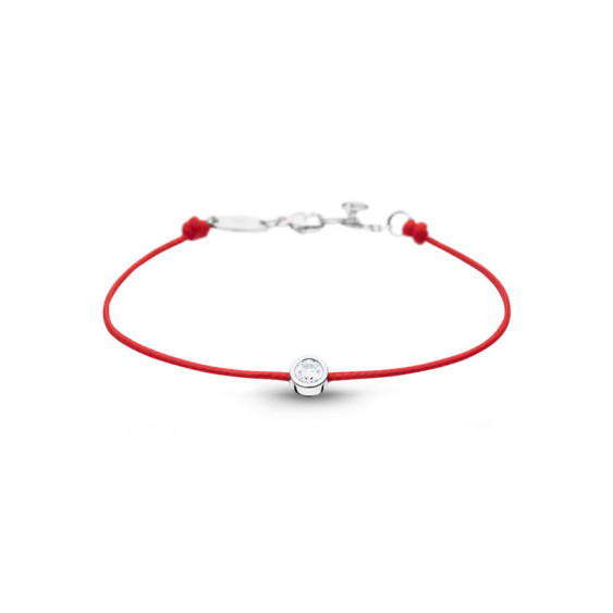 Clear Spirit bracelet from Elsa Lee Paris: one close set Cubic Zirconia on a red cotton waxed lace