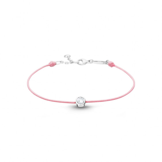 Clear Spirit bracelet from Elsa Lee Paris: one close set Cubic Zirconia on a pink cotton waxed lace