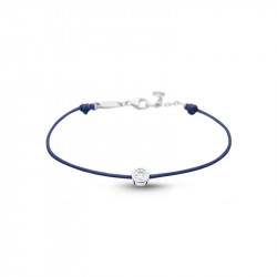 Clear Spirit bracelet from Elsa Lee Paris: one close set Cubic Zirconia on a blue cotton waxed lace