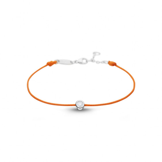 Clear Spirit bracelet from Elsa Lee Paris: one close set Cubic Zirconia 0,2ct on a orange cotton waxed lace