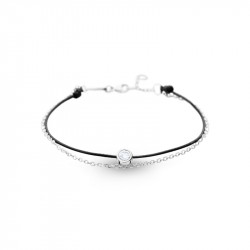 Elsa Lee Paris Clear Spirit bracelet, with close set Cubic Zirconia on black cotton waxed lace and silver chain