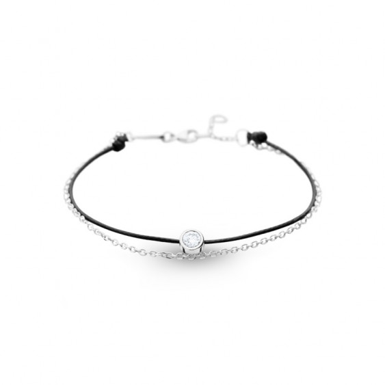 Bracelet Clear Spirit Elsa Lee Paris, oxyde de Zirconium serti clos sur cordon ciré noir et chaîne en argent 