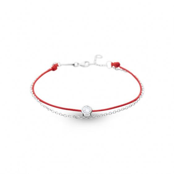 Elsa Lee Paris Clear Spirit bracelet, with close set Cubic Zirconia on red cotton waxed lace and silver chain