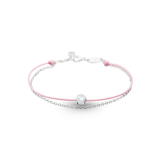 Elsa Lee Paris Clear Spirit bracelet, with close set Cubic Zirconia on pink cotton waxed lace and silver chain