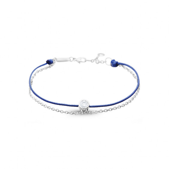 Elsa Lee Paris Clear Spirit bracelet, with close set Cubic Zirconia on blue cotton waxed lace and silver chain