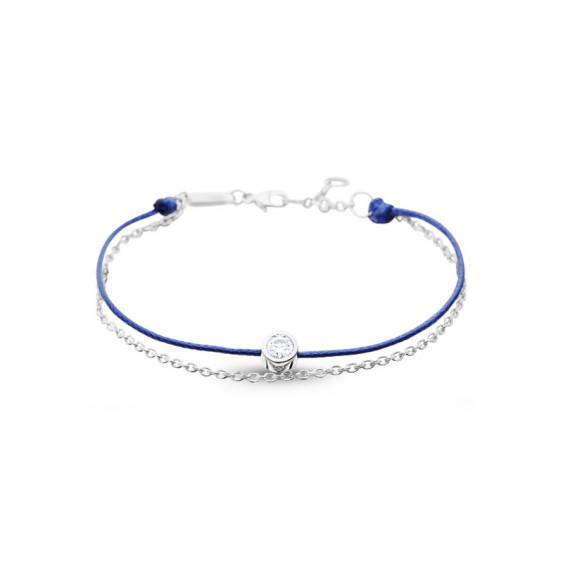 Bracelet Clear Spirit Elsa Lee Paris, oxyde de Zirconium serti clos sur cordon ciré bleu et chaîne en argent 