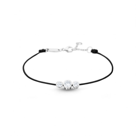 Black cord bracelet with 3 close set cubics zirconia silver by Elsa Lee