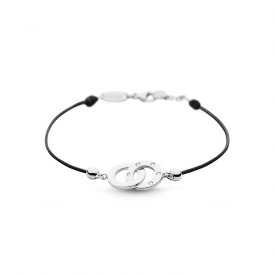 Bracelet Clear Spirit Elsa Lee Paris, motif entrelacé en argent avec 5 oxydes de Zirconium, cordon ciré noir 